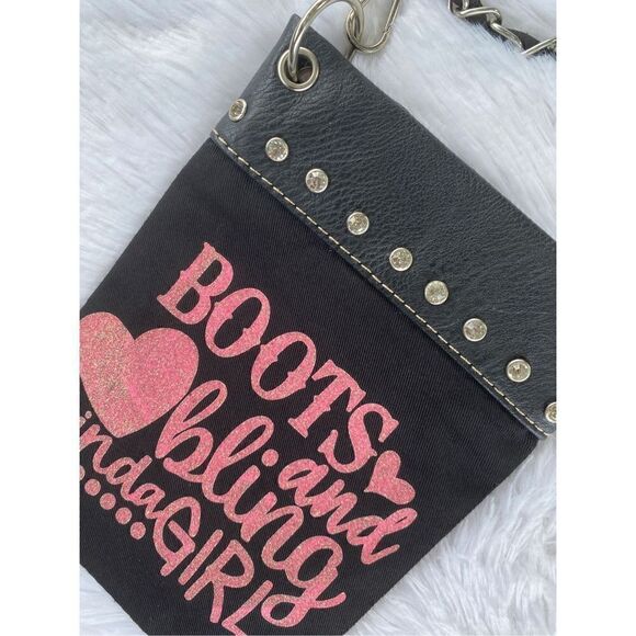 NWOT PG Collection Black Canvas/Leather “Boots And Bling” Crossbody Cell Phone P - Picture 8 of 8
